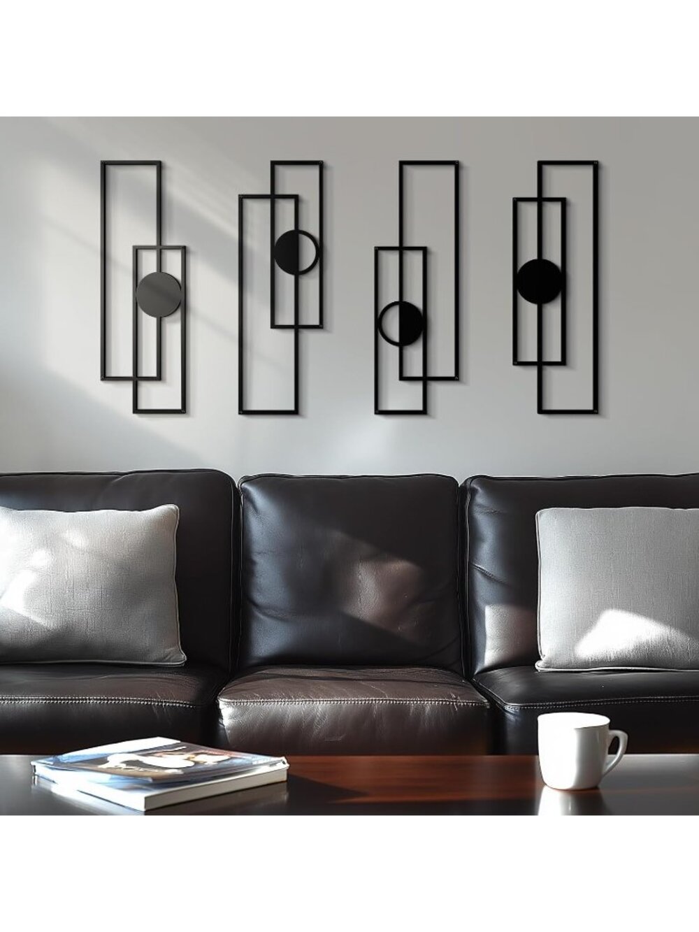 New Abstract Metal Wall Art Set of 4 Black Geometric Decor 22.5 x 7.5 Inches